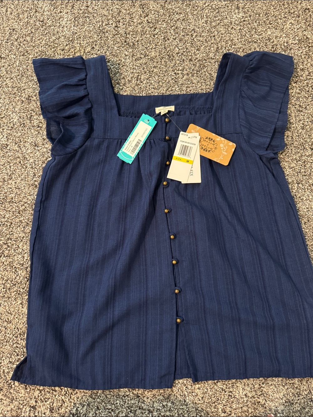 Stitch Fix Navy Blue Square-Neck Button Front Blouse with Ruffle Sleeves